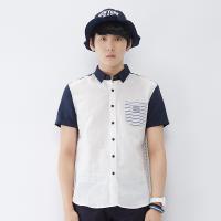 唐狮2015夏装新款衬衫 男棉麻拼接色织...