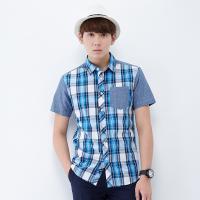 唐狮夏装正品男衬衫 男格子拼接短袖休闲衬...