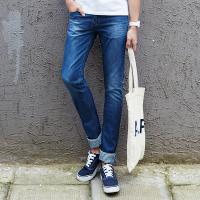 唐狮夏装正品牛仔裤 男弹力中腰拼格子修身...