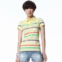 夏装 唐狮女士撞色条纹纯棉翻领polo衫...