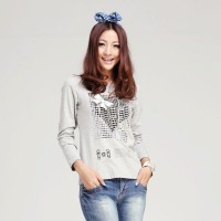 秋装 唐狮女款爱心烫钻亮片全棉圆领长袖t...