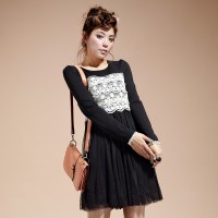 春装 唐狮日系甜美淑女梦幻蕾丝圆领连衣裙...