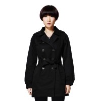 秋装 唐狮女装全棉纯色修身翻领双排扣风衣...