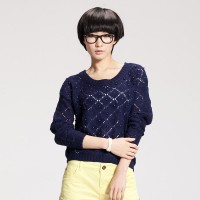 春装 唐狮正品女圆领净色订珍珠镂空线衫#...