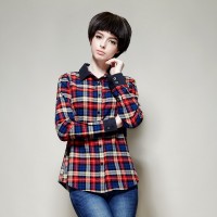 秋装 唐狮正品女拼接格子长袖衬衫#613...