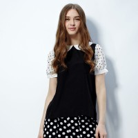 夏装 唐狮正品女波点拼接短袖衬衫#614...